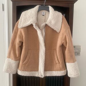 CAbi Tan and Cream Puffer Jacket with Cozy Sherpa Accents